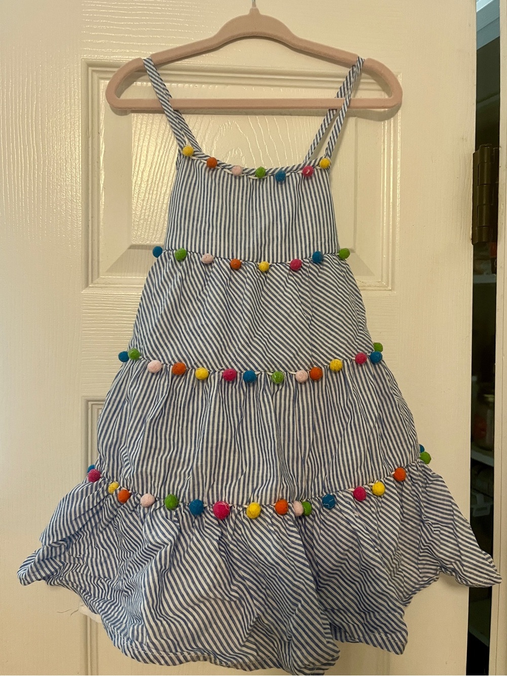 Tommy Bahama Blue-and-White Striped Pom-Pom Tiered Sundress
